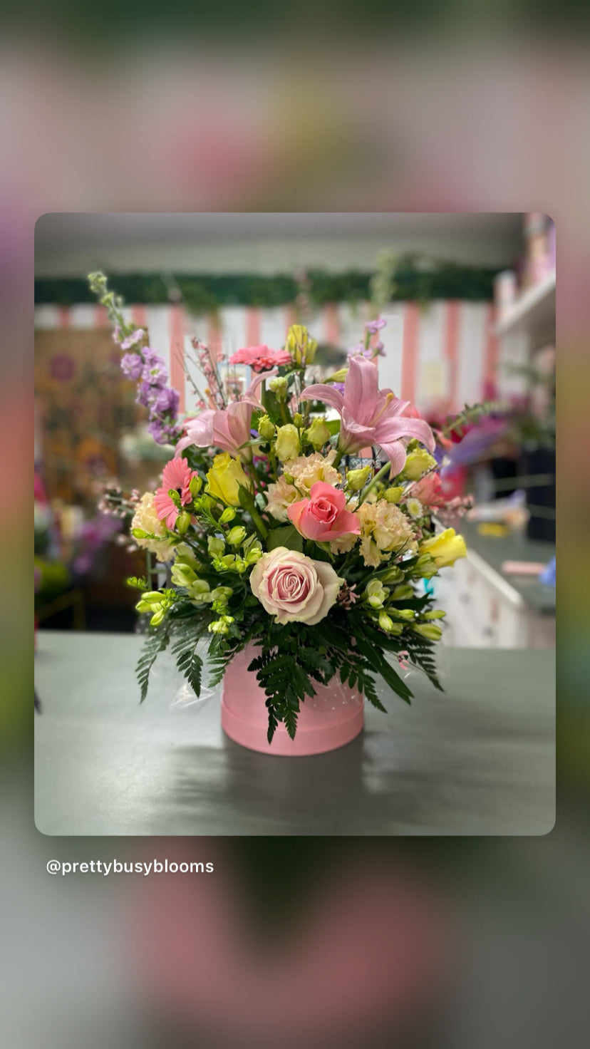 Bright and Beautiful Hat Box Flowers