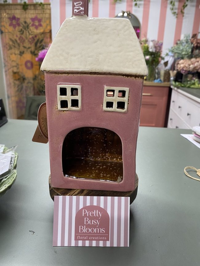 Village Pottery Tall Pink House Tealight Holder