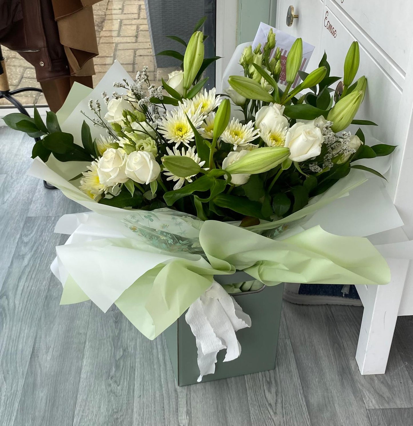 Ivory Rose, Thistle & Eucalyptus Box Bouquet
