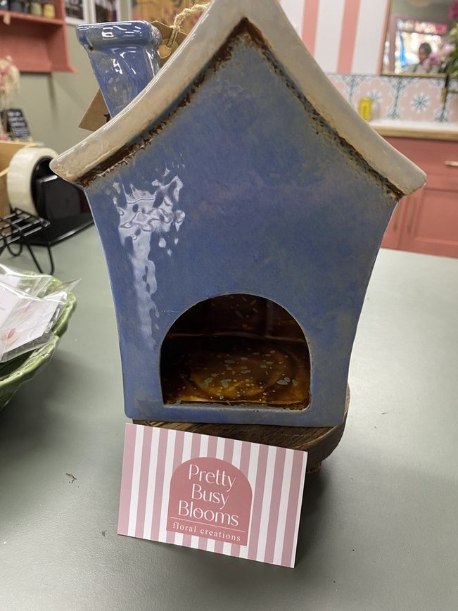 Village Pottery Quirky House Blue Tea Light Holder