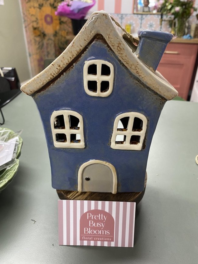 Village Pottery Quirky House Blue Tea Light Holder