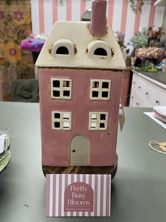 Village Pottery Tall Pink House Tealight Holder