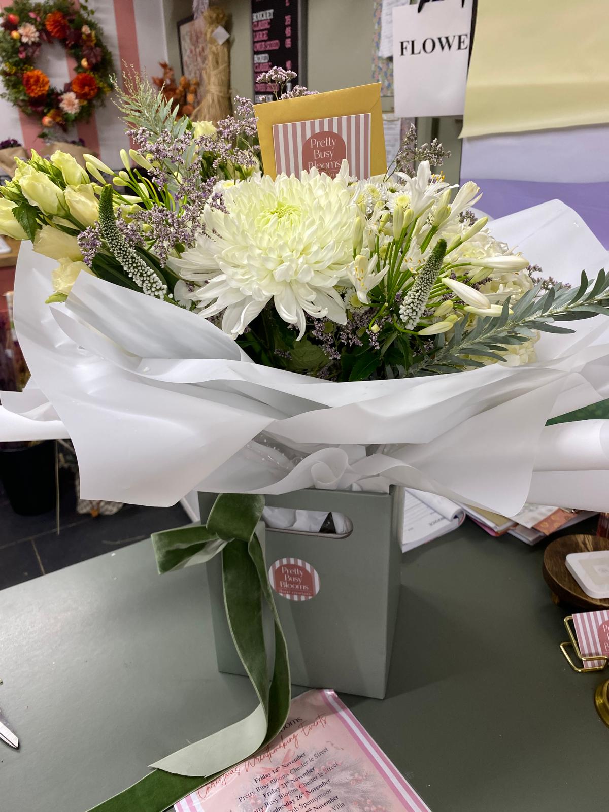 Ivory Rose, Thistle & Eucalyptus Box Bouquet