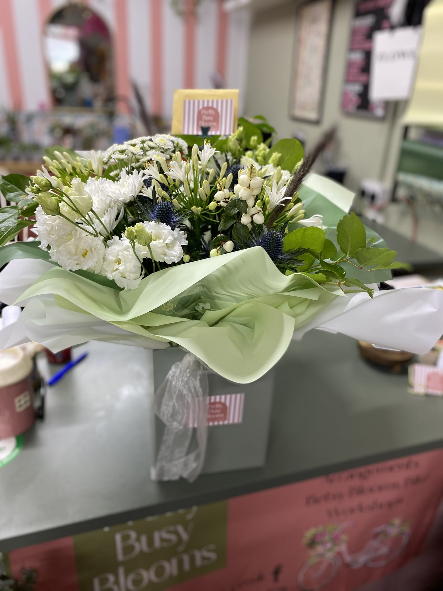 Classic Ivory Rose, Thistle and Eucalyptus Box Bouquet