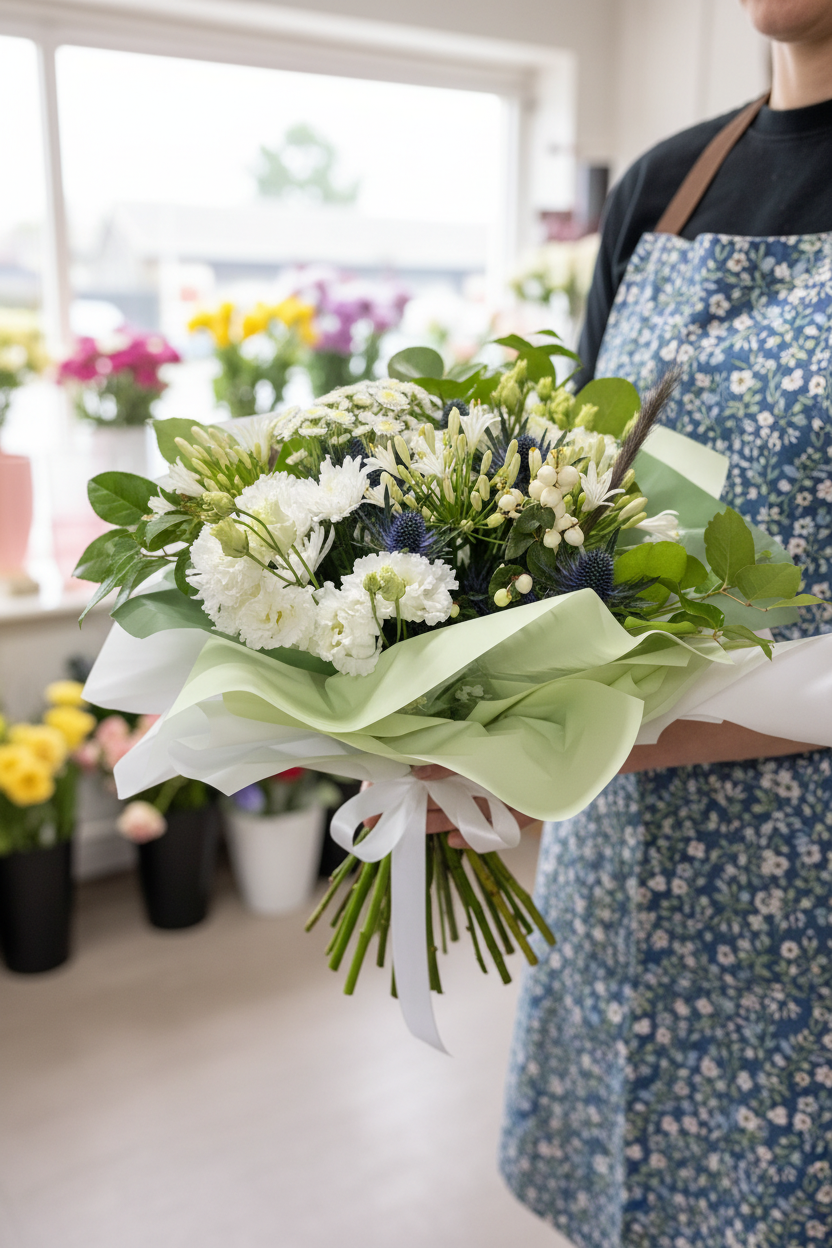 Ivory Rose, Thistle & Eucalyptus Hand-Tied Bouquet