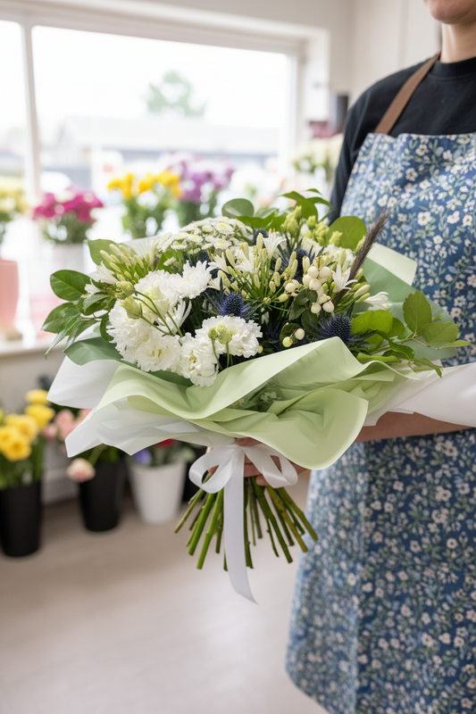 Ivory Rose, Thistle & Eucalyptus Hand-Tied Bouquet