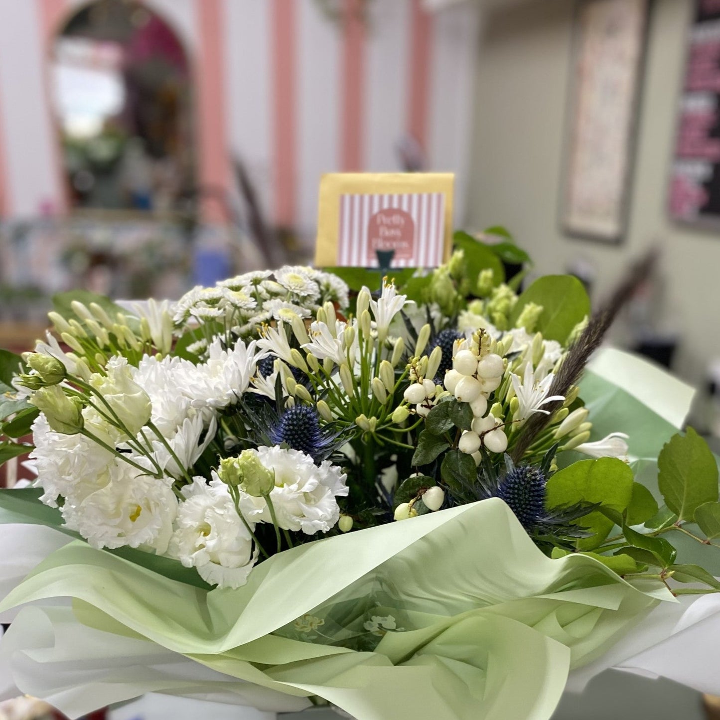 Oversized Ivory Rose Thistle and Eucalyptus Hand tied Bouquet